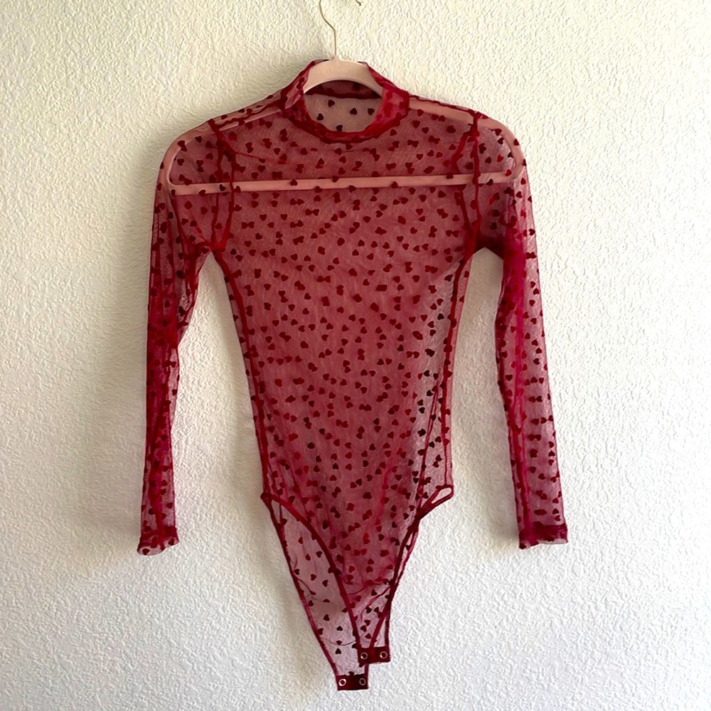 Maroon mesh body suit with velvet hearts